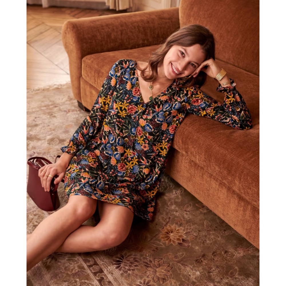 Sezane Carmen Dress Long Sleeve Shift Bird Floral Print Button V Neck FR 36 US 4